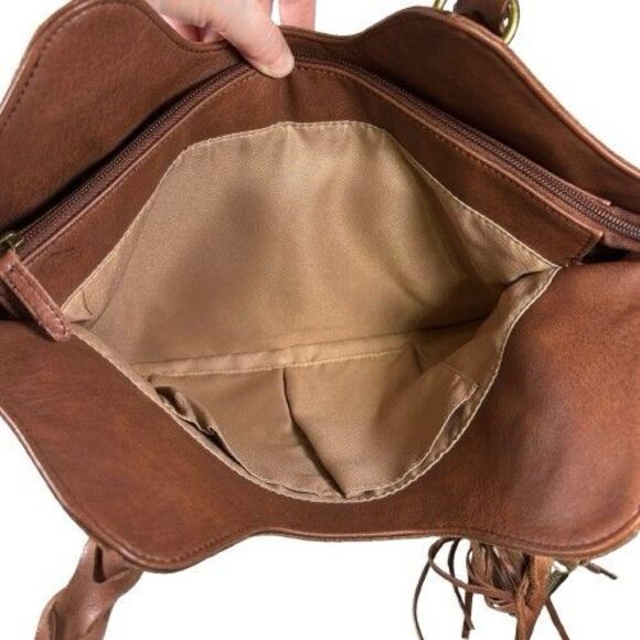 The Sak Sierra Brown Tooled Leather Shopper Tote Shoulder Bag Purse w/Tassel - Picture 8 of 16